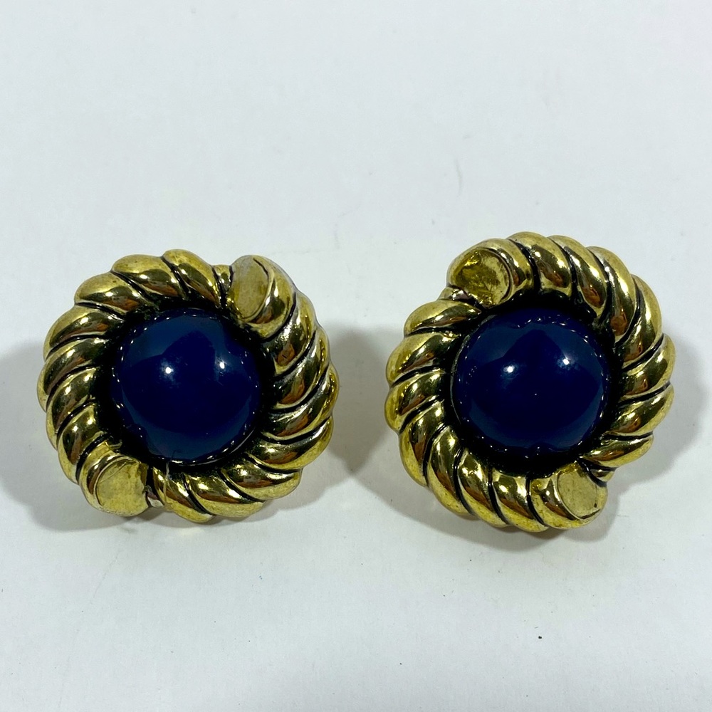Vintage Gold Tone Rope and Blue Cabochon Style Earrings